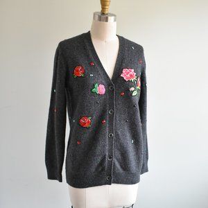 Customized Patch Uniqlo Charcoal Cardigan With Jewels / Gemstones and Roses